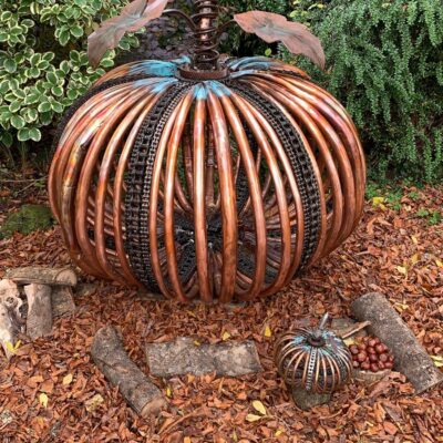 Steampumpkin - Copper, forklift chains, reclaimed steel components - 4ft x 4ft x 4ft - by Giles Bone