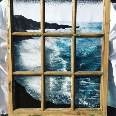 Nanjizel Cove - Fused glass in vintage window frame - 70cm x 94cm - by Nancy Goodens