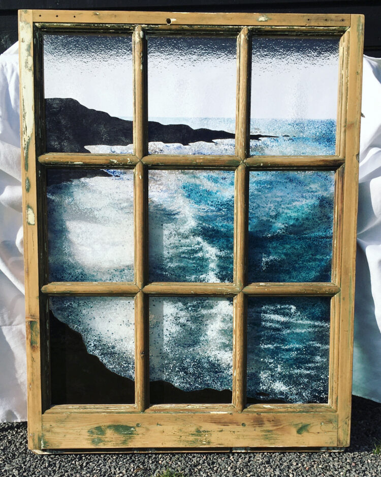 Nanjizel Cove - Fused glass in vintage window frame