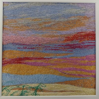 Chichester sky, tree tops - machine embroidery on to painters canvas - 14in x 14in - by Carol Naylor