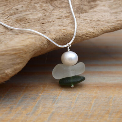 Pearl trio - sea glass, sweetwater pear, sterling silver - 1,3'' pendant, 18''chain - by Celina Pacura