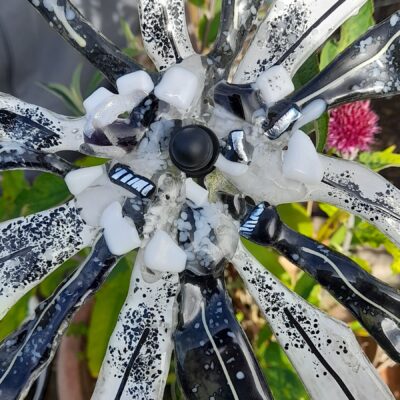 Black, White and Silver flower - Fused glass - 25cm - by Chris George