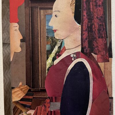 TRANSCRIPTION:  FRA FILIPPO LIPPI PORTRAIT OF A WOMAN WITH A MAN AT A CASEMENT WINDOW 2025 - Collage on paper - 19.1 x 12 cm - by Henrietta Smith
