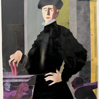 TRANSCRIPTION:  BRONZINO PORTRAIT OF A YOUNG MAN 2025 - Collage on paper - 22.3 x 17.2 cm - by Henrietta Smith