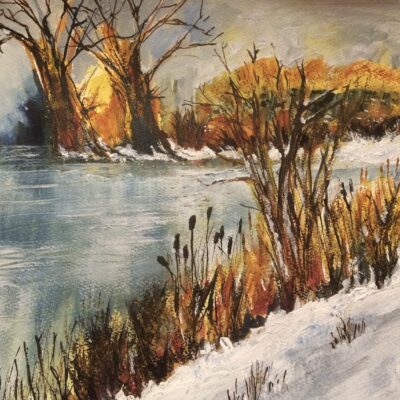 Snowy Bank - Acrylic with texture - 25cm  X 4cm - by Joan Burnett