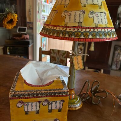 Sarahmaclaughlin1 - Acrylic on canvas and wood - Lamp 38cm by 26 cm (rim of shade). Tissue box 14 cm by 14 cm - by Sarah MacLaughlin
