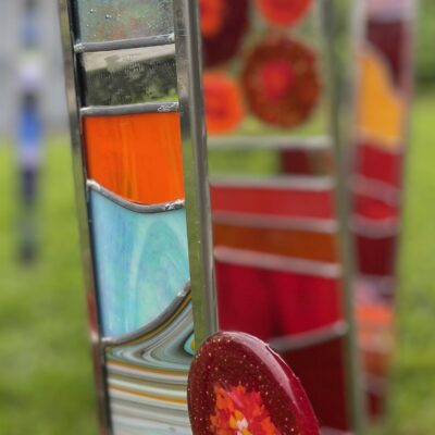 Santa Fe column - Stainless steel with leaded glass - 38” - by Karen Ongley-Snook