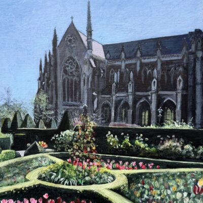Arundel from castle garden - Acrylic on panel - 30cm x 30cm - by Rosemary Pocock