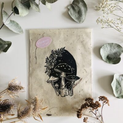 Moonlight Mushroom Print - Lino Print, Black Ink Printed onto Handmade Thai Mulberry Paper - 21x15cm - by Jessica White