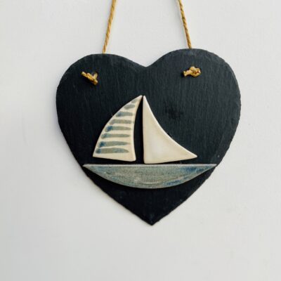 Boat on slate - slate and stoneware ceramics - 15x15cm - by Janet Guest
