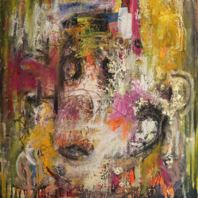 Surprise - Mixed media on canvas, Oil, gold leaf, acrylic, Ink.  framed in bare ayous wood, L shaped - 52cmW x 62cmH x 4cmD - by Louise Duggan