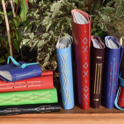 Various medieval long stitch bindings - Leather, paper and thread - From tiny to A5 - by Lynne Friel