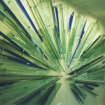 Hope and Uplift - Glass enamelled, bevelled and slumped - 2.5m high x 5m wide - by Jane Campbell