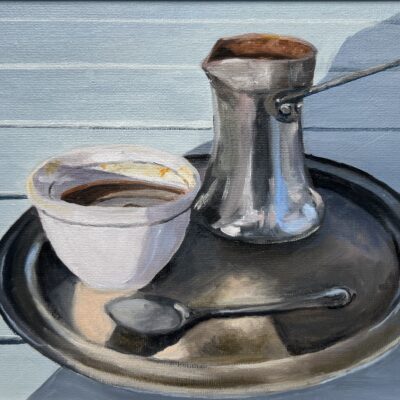 Coffee in Mostar - Oil on Board - 10 x 8 inches - by Rosy Turner