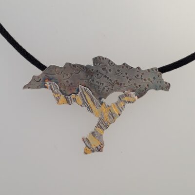 Necklace - Silver with 24ct gold, oxidized on cord - 3x2 cm - by Sharon Justice