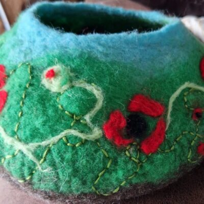 Poppy Pot - Wool, embroidery thread - 9 inches - by Sarah Lawrence