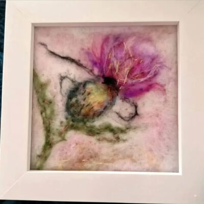 Thistle - Wool, embroidery thread, silk - 4 x 4 inches - by Sarah Lawrence