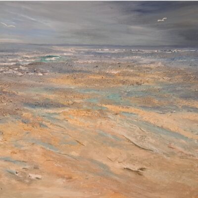 Low tide at Wittering - Acrylic,  sand painted on wood - 16.6 inch x 11.5 inch - by Lorraine Westwood