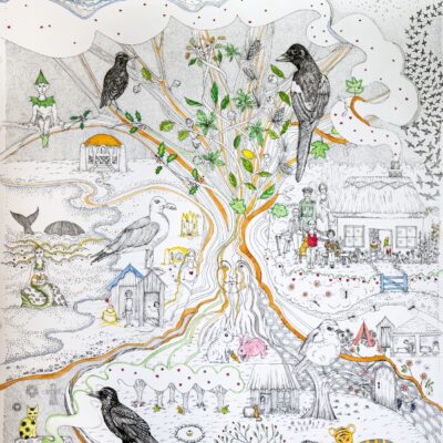 Lives within a life - a life within lives - Ink drawing with watercolour details - 58cm x 83cm - by Sue Hofman