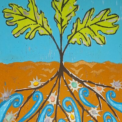 Emerging into Spring - Lino cut with watercolour details - 20cm x 30cm - by Sue Hofman