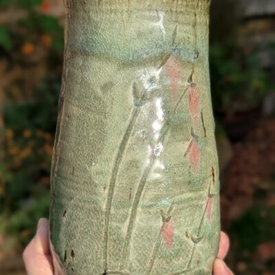 vase, ash glaze over white slip, copper highlights - stoneware clay - 22cm high - by StJohn Trundle