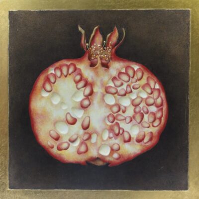 Pomegranate - 24ct gold leaf & egg tempera on oak - 15cm x 15cm - by Sue Viner