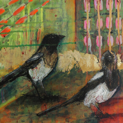 Two for Joy - Mixed media on canvas, Acrylic, ink, gold leaf - 40cmW x 30cmht x 4cmD - by Louise Duggan
