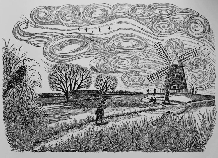 Up on the Hill - Linocut